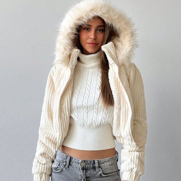 Apricot Casual Women's Corduroy Patchwork faux fur trim Hooded Short Padded Coat - Picture 5 of 6